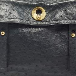 Pre Owned Yves Saint Laurent Muse Two Navy Blue Ostrich Leather and Suede Top Handle Bag