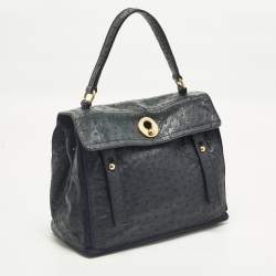 Pre Owned Yves Saint Laurent Muse Two Navy Blue Ostrich Leather and Suede Top Handle Bag