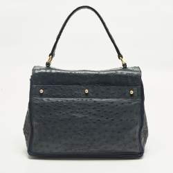 Pre Owned Yves Saint Laurent Muse Two Navy Blue Ostrich Leather and Suede Top Handle Bag