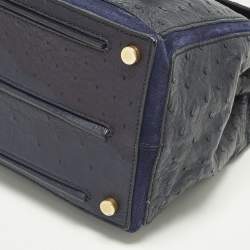 Pre Owned Yves Saint Laurent Muse Two Navy Blue Ostrich Leather and Suede Top Handle Bag