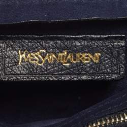 Pre Owned Yves Saint Laurent Muse Two Navy Blue Ostrich Leather and Suede Top Handle Bag
