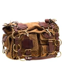 Pre Owned Yves Saint Laurent Brown Stitches Suede And Leather Shoulder Bag