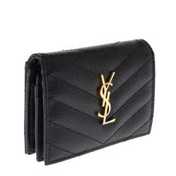 Pre Owned Saint Laurent Paris Black Matelasse Leather Monogram Compact Wallet