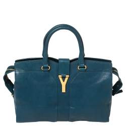 Pre Owned Yves Saint Laurent Paris Teal Blue Leather Large Y Cabas Chyc Tote