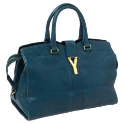 Pre Owned Yves Saint Laurent Paris Teal Blue Leather Large Y Cabas Chyc Tote