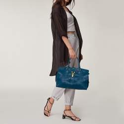 Pre Owned Yves Saint Laurent Paris Teal Blue Leather Large Y Cabas Chyc Tote