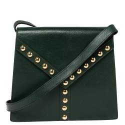 Pre Owned Yves Saint Laurent Green Leather Y Studded Flap Shoulder Bag