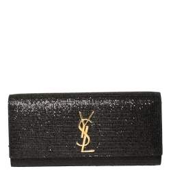 Pre Owned Saint Laurent Black Glitter Fabric Cassandre Clutch