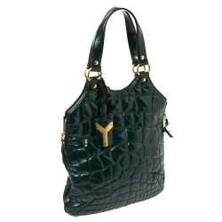 Pre Owned Yves Saint Laurent Green Croc Embossed Patent Leather Tribute Tote