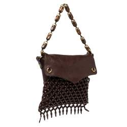 Pre Owned Yves Saint Laurent Mocha Brown Leather and Suede Beaded Fringed Shoulder Bag