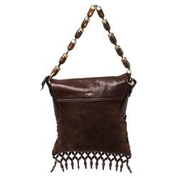 Pre Owned Yves Saint Laurent Mocha Brown Leather and Suede Beaded Fringed Shoulder Bag