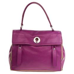 Pre Owned Yves Saint Laurent Magenta Leather and Canvas Muse Two Satchel