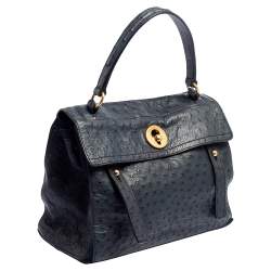 Pre Owned حقيبة ساتشل ايف سان لوران موس تو جلد نعام أزرق كحلي 