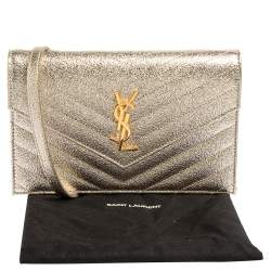 Pre Owned Saint Laurent Metallic Gold Matelasse Leather Monogram Envelope Wallet on Chain