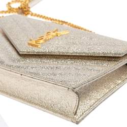 Pre Owned Saint Laurent Metallic Gold Matelasse Leather Monogram Envelope Wallet on Chain