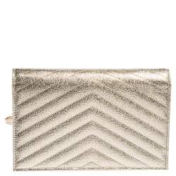 Pre Owned Saint Laurent Metallic Gold Matelasse Leather Monogram Envelope Wallet on Chain