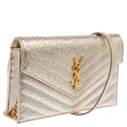 Pre Owned Saint Laurent Metallic Gold Matelasse Leather Monogram Envelope Wallet on Chain