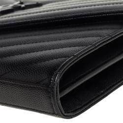 Pre Owned Saint Laurent Black Chevron Quilted Leather Monogram Envelope Wallet on Chain
