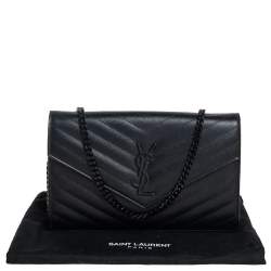 Pre Owned Saint Laurent Black Chevron Quilted Leather Monogram Envelope Wallet on Chain