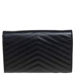 Pre Owned Saint Laurent Black Chevron Quilted Leather Monogram Envelope Wallet on Chain