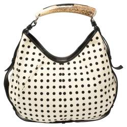 Pre Owned Yves Saint Laurent White/Black Fabric Polka Dot Mombasa Hobo