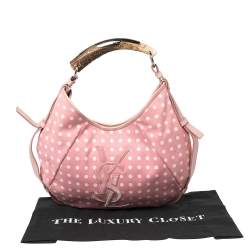 Pre Owned Yves Saint Laurent Pink//White Fabric Polka Dot Mombasa Hobo