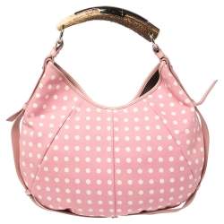 Pre Owned Yves Saint Laurent Pink//White Fabric Polka Dot Mombasa Hobo