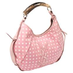 Pre Owned Yves Saint Laurent Pink//White Fabric Polka Dot Mombasa Hobo