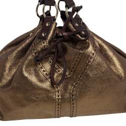 Pre Owned Yves Saint Laurent Gold/Dark Brown Leather Reversible Double Sac Y Tote