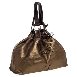 Pre Owned Yves Saint Laurent Gold/Dark Brown Leather Reversible Double Sac Y Tote
