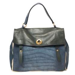 Yves Saint Laurent Tri Color Croc Embossed Leather and Canvas Large Muse Two Top Handle Bag