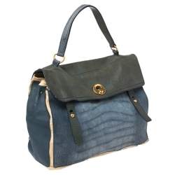 Yves Saint Laurent Tri Color Croc Embossed Leather and Canvas Large Muse Two Top Handle Bag