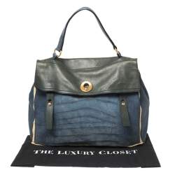 Yves Saint Laurent Tri Color Croc Embossed Leather and Canvas Large Muse Two Top Handle Bag