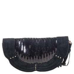 Pre Owned Yves Saint Laurent Suede and Sequins Fringe Flap Clutch