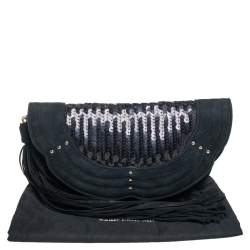 Pre Owned Yves Saint Laurent Suede and Sequins Fringe Flap Clutch