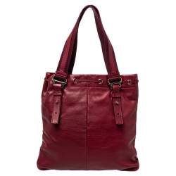 Pre Owned Yves Saint Laurent Maroon Leather Small Kahala Drawstring Tote