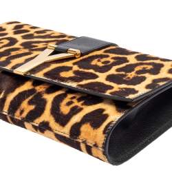 مملوكة مسبقًا حقيبة كلتش ايف سان لوران شيك جلد وشعر عجل مطبوع نقشة الفهد أسود/ بني