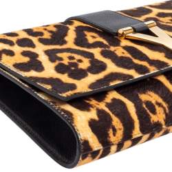 مملوكة مسبقًا حقيبة كلتش ايف سان لوران شيك جلد وشعر عجل مطبوع نقشة الفهد أسود/ بني