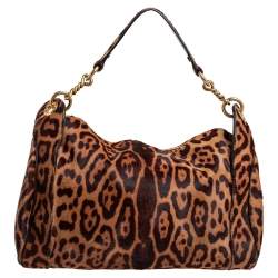 Pre Owned Yves Saint Laurent Brown Leopard Print Calfhair Chain Hobo