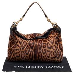 Pre Owned Yves Saint Laurent Brown Leopard Print Calfhair Chain Hobo