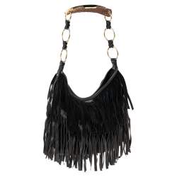 Pre Owned Yves Saint Laurent  Black Suede and Leather Fringe Mombasa Hobo