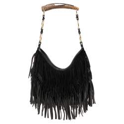 Pre Owned Yves Saint Laurent  Black Suede and Leather Fringe Mombasa Hobo