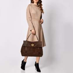 Pre Owned Yves Saint Laurent Brown Croc Embossed Leather and Suede Large Muse Two Top Handle Bag
