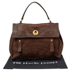 Pre Owned Yves Saint Laurent Brown Croc Embossed Leather and Suede Large Muse Two Top Handle Bag