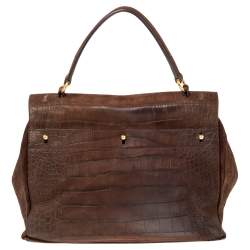 Pre Owned Yves Saint Laurent Brown Croc Embossed Leather and Suede Large Muse Two Top Handle Bag