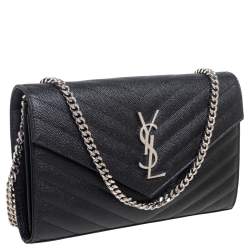 مملوكة مسبقًا Saint Laurent Black Matelassé Leather Monogram Envelope Wallet on Chain