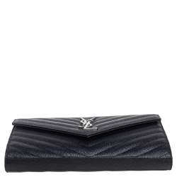 مملوكة مسبقًا Saint Laurent Black Matelassé Leather Monogram Envelope Wallet on Chain