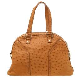 Pre Owned Yves Saint Laurent Tan Ostrich Large Muse Satchel