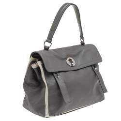 Pre Owned Yves Saint Laurent Grey/White Leather And Canvas Muse Two Top Handle Bag
