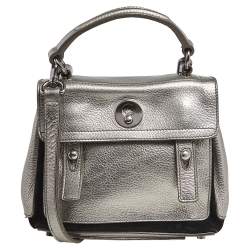 Yves Saint Laurent Metallic Grey Leather Mini Muse Two Top Handle Bag